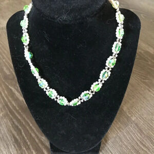 Dainty Art Deco Choker Necklace Green and Pearl